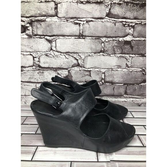 Chocolat Blu Cortez Black Leather Platform Wedge Strap Sandals Women Sz 9M US/40 - Picture 5 of 16